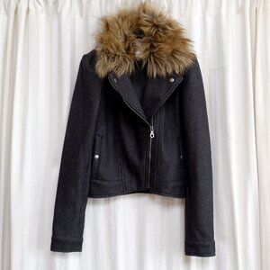 RARE Anthropologie Fur Trimmed Wool Blend Moto Jacket sz 2 by Cartonnier XS